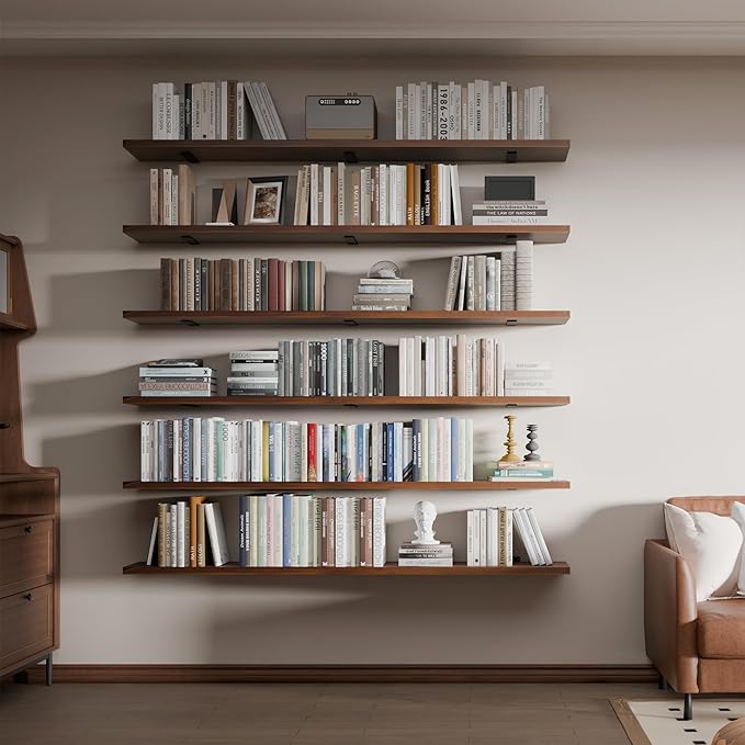 6 Tier Book Shelf, 60 inch Walnut Long Floating Shelf for Wall, Adjustable Large Bookcase, Wall Mounted Bookshelf for Living Room