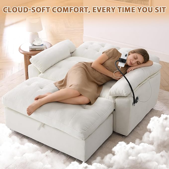 Oversized Chaise Lounge Chair Indoor, Double Convertible Recliner Reading Arm Sofa Chair W/Adjustable Backrest & Charging Port Couch Bed for Living Room, Home Theater & Bedroom, Beige