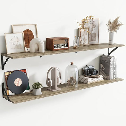 55" Long Wall Mounted Floating Shelves,8 inch Deep Floating Shelf with Metal Brackets Set of 2,Easy-to-Install Wall Decor Storage Ledges for Living Room,Bathroom,Bedroom,Kitchen,Office,Grey
