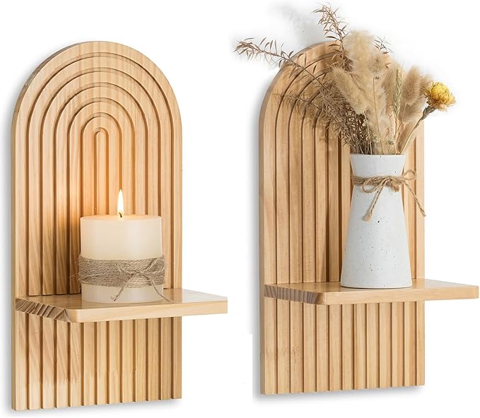 Boho Wall Decor Set of Two - Natural Modern Minimalist Mid Century MCM Wall Candle Holder for Living Room - Wood Bohemian Decor for Bathroom Nursery Bedroom