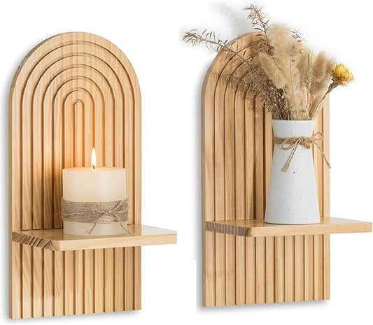 Boho Wall Decor Set of Two - Natural Modern Minimalist Mid Century MCM Wall Candle Holder for Living Room - Wood Bohemian Decor for Bathroom Nursery Bedroom