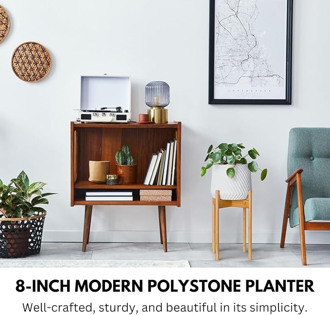 Fox & Fern Large Indoor Planter, Modern Large Plant Pot for Indoor or Outdoor, UV and Frost Resistant - 8 Inch, Polystone, Matte White Flower Pot with Drainage Plug, 3D Printed Design