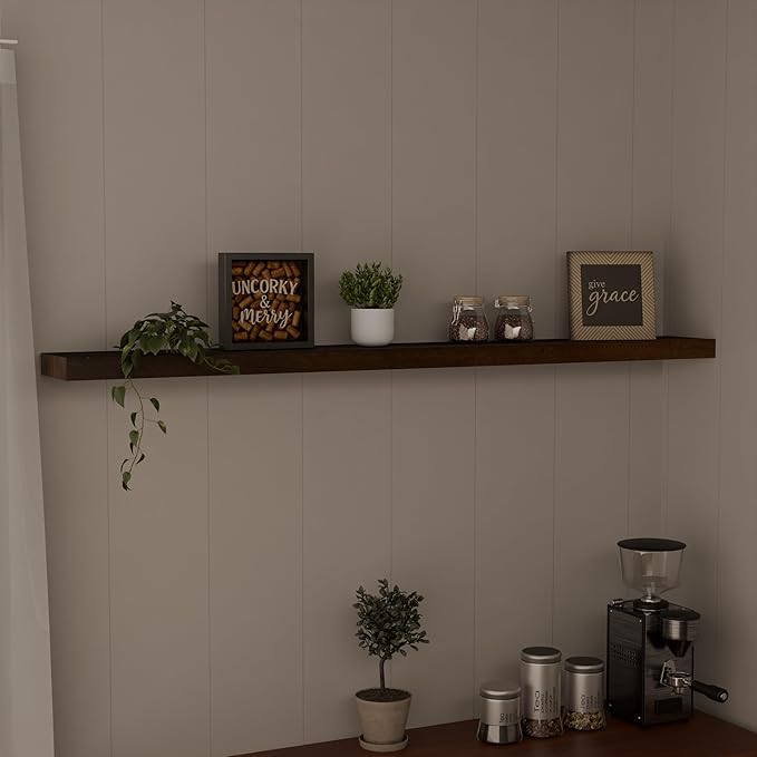 IEO Long Wooden Floating Shelves for Room Wall, Natural Wood Floating Shelves Wall Mounted Kitchen Shelf for Living Room, Bedroom, Kitchen,Bathroom, Storage (Walnut, 60in 1tier)