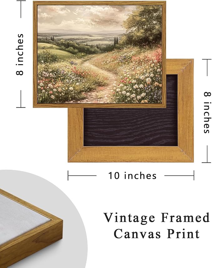 ARPEOTCY Vintage Framed Canvas Wall Art, Wildflower Field Landscape Wall Art for Living Room, Farmhouse Art Prints for Home Decor Aesthetic, Vintage Bathroom Bedroom Decor Aesthetic(8x10 Inch)