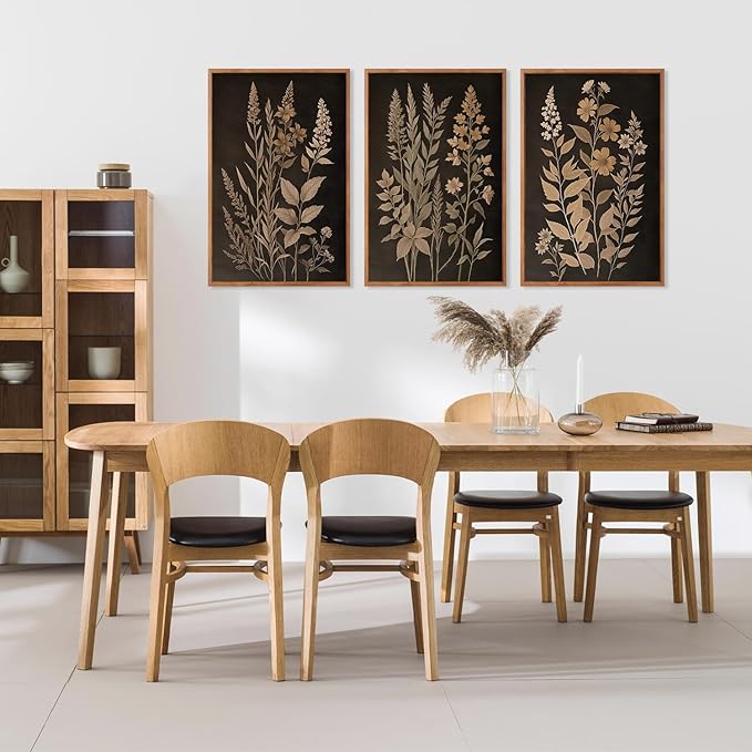 HLNIUC Vintage Botanical Fern Framed Canvas Wall Art Set,Black and Tan Plant Leaves Wall Decor,Modern Farmhouse Art Print,Neutral Minimalist Herb Floral Wall Painting for Living Room,Office - 24”x36”3