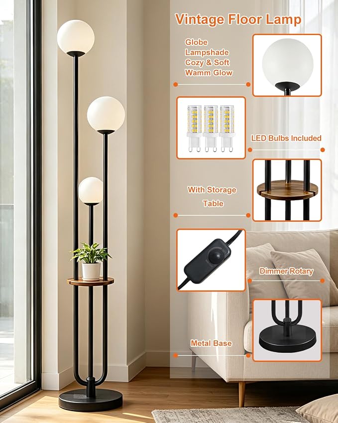 Lightdot Dimmable Floor Lamp for Living Room 3-Globe Standing Lamp with Table Candle Holder Style 3000K Warmwhite Bulbs Included Black Tall Lamps with 5Lbs Heavy Base for Sofa Beside/Corner Decor