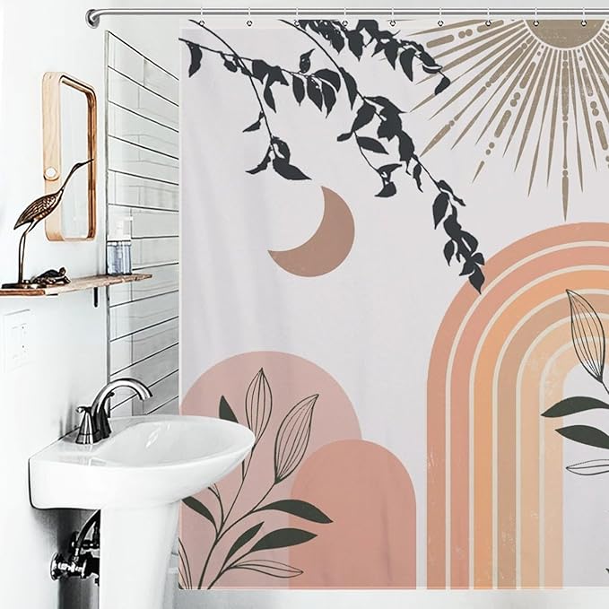 Mid Century Abstract Boho Shower Curtains Geometric Leaf Sun Minimalist Modern Cafe Washable Waterproof Fabric for Bathroom Decor Bathtub with 12 Hooks 72x72in (183x183cm)