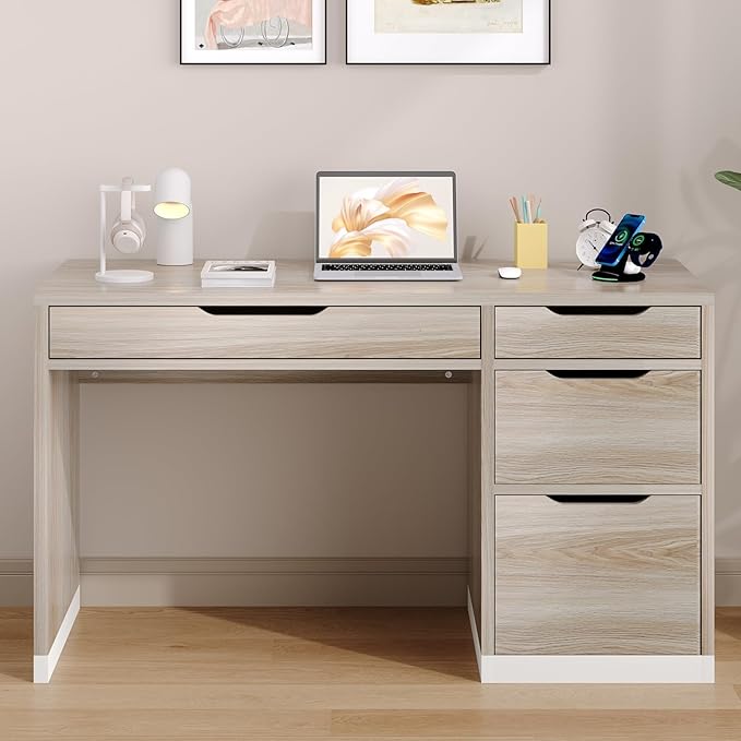 MaverickFurni Small Desk with Drawers, 52 Inch Home Office Desk with Storage for Bedroom, Computer Desk with Filing Drawer for Small Space, Light Walnut