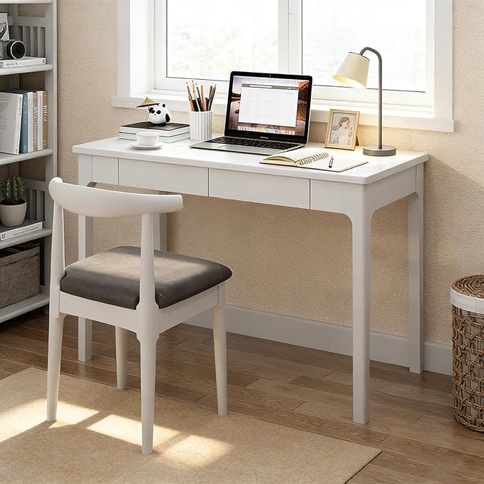 Solid Wood Desk with Drawers, Mid Century Modern Home Office Writing Desk, Vintage Computer Desk with Storage for Living Room, Bedroom(120x56x75cm, White)