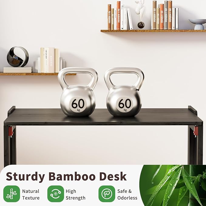 Bamboo Foldable Desk, Folding Desks for Small Spaces, Mid Century Small Computer Desk with Bookshelf for Bedroom Home Office, Black