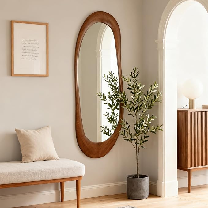 WallBeyond Asymmetrical Full Length Wooden Mirror, 22.5" x 63" Irregular Solid Wood Wall Mirror, Boho Decor for Bedroom Living Room Entryway, Mid-Century Modern, Natural