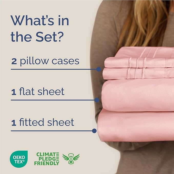 Full Size 4 Piece Sheet Set - Comfy Breathable & Cooling Sheets - Hotel Luxury Bed Sheets for Women & Men - Deep Pockets, Easy-Fit, Extra Soft & Wrinkle Free Sheets - Baby Pink Oeko-Tex Bed Sheet Set