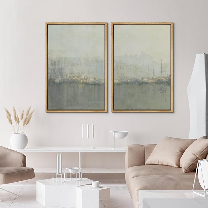 IDEA4WALL Framed Canvas Print Wall Art Set Abstract Skyline Cityscape Art in Muted Gray and Soft Blue Tones Illustrations Modern Art Decorative Coastal Cottage Seascape for Bedroom - 24"x36"x2 NATURAL