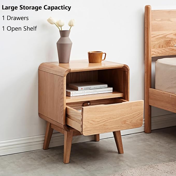 100% Solid Oak Nightstand, Wood Nightstands with 2 Drawers, Mid Century Modern Nightstands with Open Storage, Wooden Night Stand Bedside Table for Bedroom.
