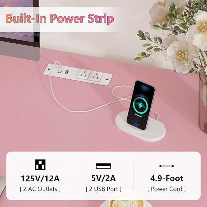 YOMILUVE 50 Inch Computer Desk with 8 Drawers, Home Office Desk with Power Outlets, Work Study Gaming Desk with 8 Fabric Drawers, Pink