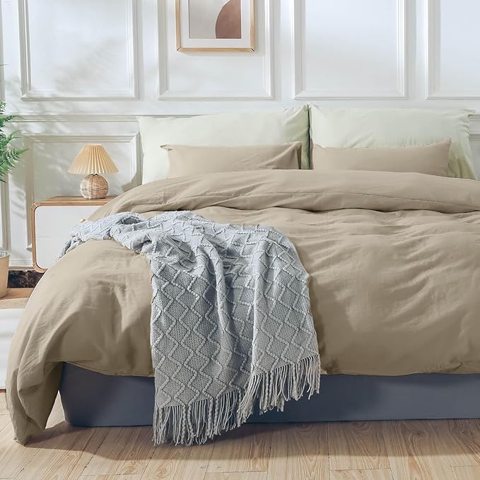 NEXHOME PRO Duvet Cover Set Oversized Queen 92"x98" Linen Feel Textured Organic Natural 100% Washed Cotton Duvet Cover 3 Pieces Bedding Set with Zipper Closure, Breathable, Soft (No Comforter)