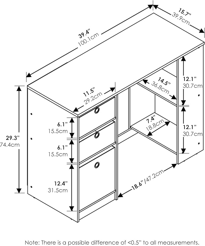 Furinno Jaya Desk, 39.4" Wide Gaming Desk with Drawer Bins, Computer Desk with Side Book Shelf, Writing Desk, Office Desk for Home Office, Study Room, Dorm, Bedroom, White