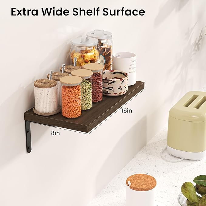 Marsmiles Extra Wide Floating Shelves for Wall, 16x8 Inch Natural Wood Grain Bookshelves, Heavy Duty Mounted Shelving for Bathroom, Kitchen, Living Room, Bedroom,Set of 2，Walnut