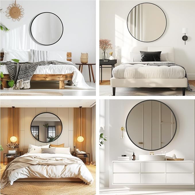Round Mirror 28 inch, Black Circle Mirror, Round Bathroom Mirrors, Circle Wall Mirrors for Bathroom, Living Room, Hallway, Vanity, Over Sink
