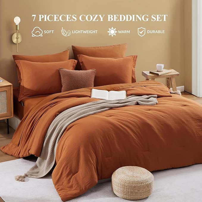 WRENSONGE Super King Plus Comforter Sets- 7 Pieces Soft Burnt Orange Bed in a Bag with Fitted Sheet, Flat Sheet, 2 Shams, and 2 Pillowcases-Warm Bed Sets Fall Comforter for All Seasons