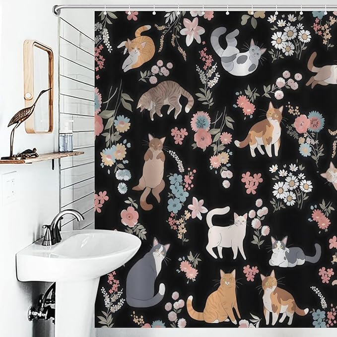 Cat Shower Curtain,Watercolor Black Floral Garden Funny Animals Bathroom Curtain Polyester Waterproof Fabric Decor 66x72in（168x183cm）