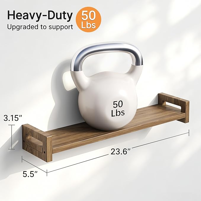 Vailando Floating Shelves for Wall, Set of 3 Solid Wood Wall Mounted Shelves, 23.6" Rustic Walnut Display Shelf for Bedroom, Living Room, Bathroom, and Kitchen Decor - Heavy-Duty & Natural Pine