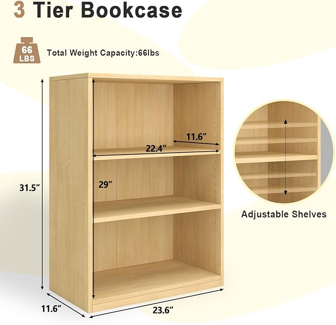 CTESNE【2026 Adjustable Shelves 3-Tier Bookcase, 71 inches, Wooden Open Display Floor Bookshelf (Oak Color)