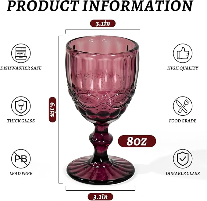 Vintage Wine Glasses Set of 6, 8 OZ Colored Glass Water Goblets, Embossed Floral Decorative Crystal Glass Cups Set, Dishwasher Safe, for Wedding, Party, Red Wine Glass, Bars, Restaurants