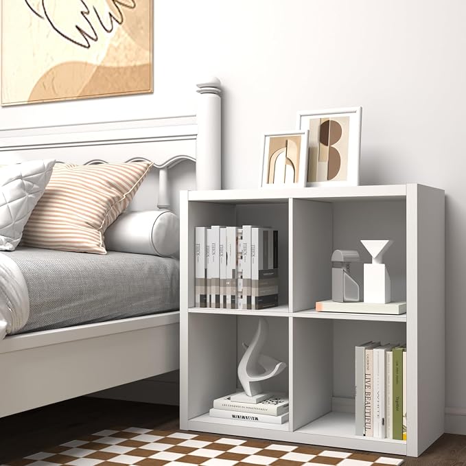Endearing Limons【2026 Wooden Thick Border 4 Cube Shelf Storage Organizer with Anti-Tipping Kits + Reversible Open Back Bookcase (11 * 11 Unit Cell White)