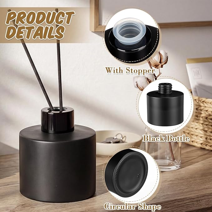 Chunful 4 Sets Black Reed Diffuser Bottle Empty Refillable Fragrance Glass Diffuser Bottles 100ml Round Glass Jars with Black Caps & Rattan Sticks for Living Room Home Replacement Fragrance DIY