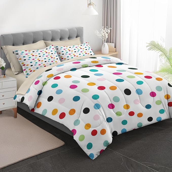 5Pcs Comforter Set Twin Size, Fun Colorful Polka Dots, Bedding Decor White Cute Girly Colored Circles Bedroom Bed Set Flat Sheet Fitted Sheet Pillowcases Shams for Kids Adults