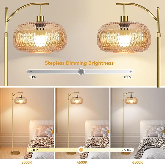 Glass Floor Lamp for Living Room,Bedroom,Gold Mid Century Modern Standing Lamp with Remote,Dimmable Brass Tall Lamp Amber Lamp Vintage Retro Arc Floor Lamps Floor Light Boho Bohemian