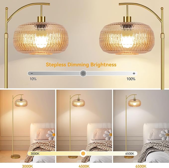 QIYIZM Glass Floor Lamp for Living Room,Bedroom,Gold Dimmable Standing Lamp with Remote,Mid Century Modern Brass Tall Lamp Retro Vintage Lamp Floor Light Boho Bohemian