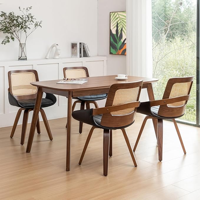 Set of 4 Kitchen & Dining Room Chairs - Swivel Dining Chairs with Cane Back, Walnut Bentwood Frame, Faux Leather Seat, Arms, Versatile for Conference/Kitchen/Restaurant/Living Room (Walnut Black)