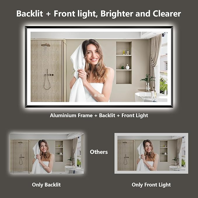 60x36 Black Framed LED Bathroom Mirror with Lights, Backlit and Front Light, Lighted Bathroom Vanity Mirror for Wall Dimmable Anti-Fog Memory Tempered Glass Horizontal/Vertical