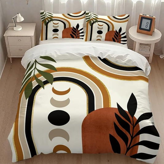 Bohemian Leaf Comforter Set,Mid Century Abstract Tropical Plant Minimalist Modern Geometric Palm Leaf Simple Bedding Duvet Cover Sets with Pillowcase for Bedroom Bed Decor，Twin 86"x70"