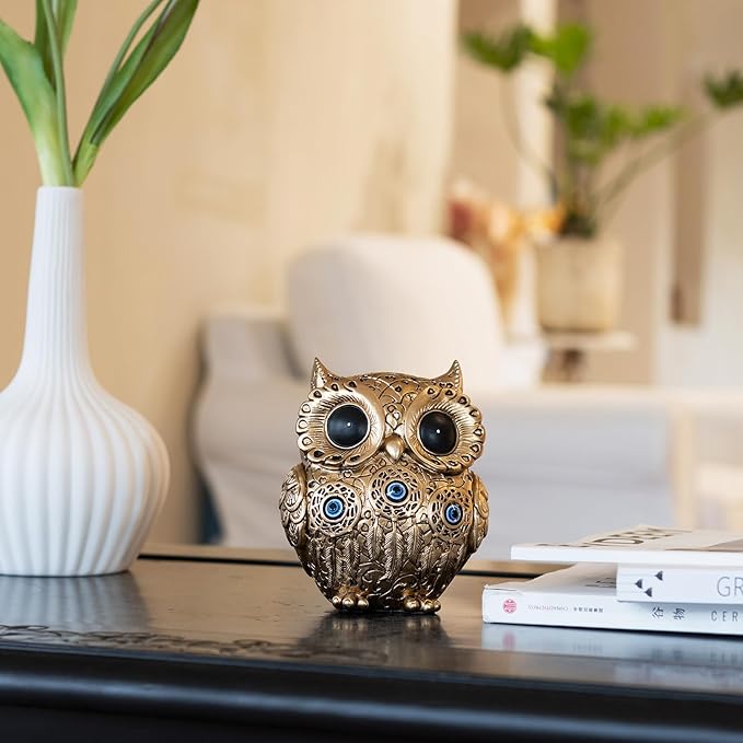 Owl Statue Home Decor Accents with Evil Eye.Gold Decor for Bookshelf, Bedroom, Living Room, Office, Table and Shelf.Vintage Owl Figurines Gifts for Birds Lover.Cute Small Animal Sculptures.
