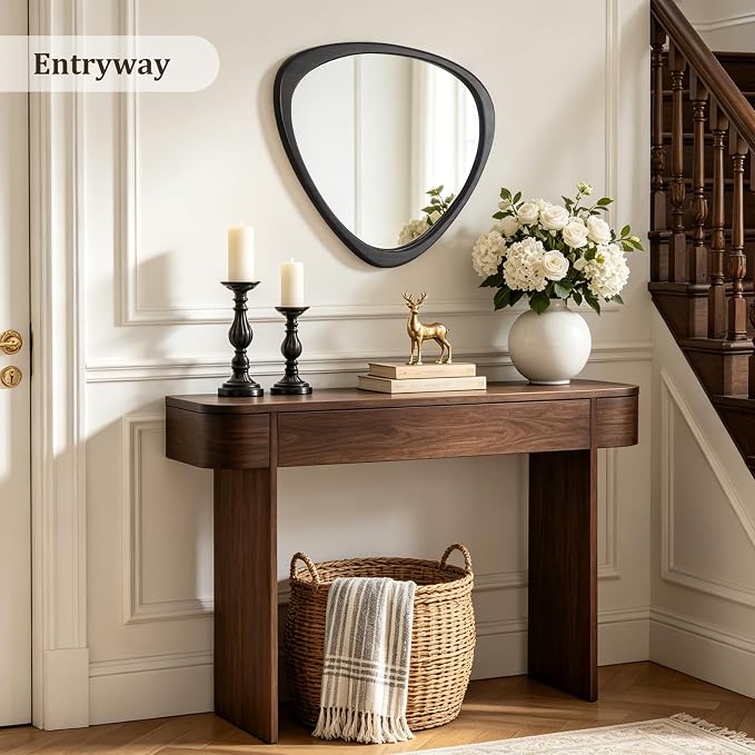 HOMECOOKIN 25" H x 20" W Asymmetrical Mirror, Irregular Wooden Wall Mirror for Bedroom, Living Room,Entryway– Mid-Century Modern Decorative Mirror, Solid Wood Frame, Pebble Shaped Design (Dark Brown)