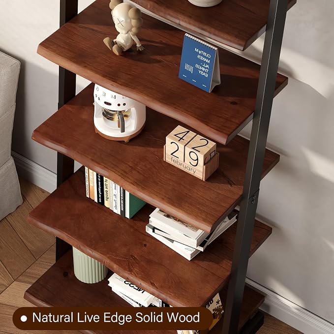 IBF 5-Tier Solid Wood Ladder Bookshelf with Natural Live Edge, Rustic Walnut Storage & Display Leaning Bookcase, Modern Space-Saving Shelf for Living Room, Bedroom, Home Office
