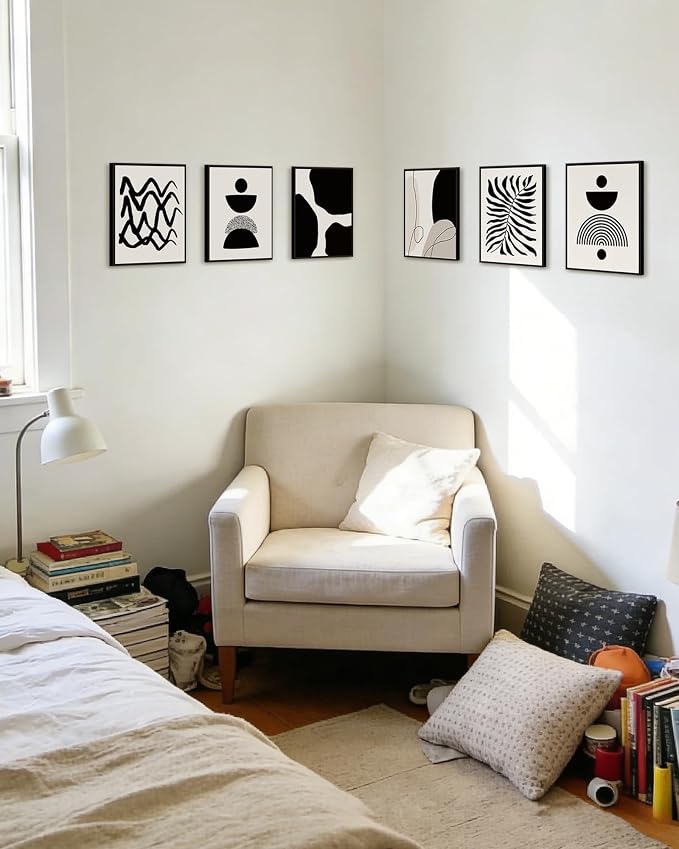 Drsoum Abstract Boho Wall Art Minimalist Geometric Framed Boho Room Decor Black Line Art Mid Century Modern Prints Bohemian Living Room Bedroom Ready to Hang 8x10inx6pcs (Black Framed)