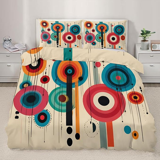 Bohemian Vintage Psychedelic Duvet Cover King Size, Mid Century Modern Bedding Set 3 Piece, Abstract Circle Geometric Patterned Comforter Cover with Zipper Soft Microfiber, 2 Pillowcases