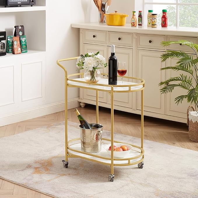 unipaws Bar Cart with Wheels, Easy Assembly Rolling Serving Bar Trolley with 2-Tier Shelves and Rotating Wheels for Home Kitchen Dining and Living Room (Gold & White)