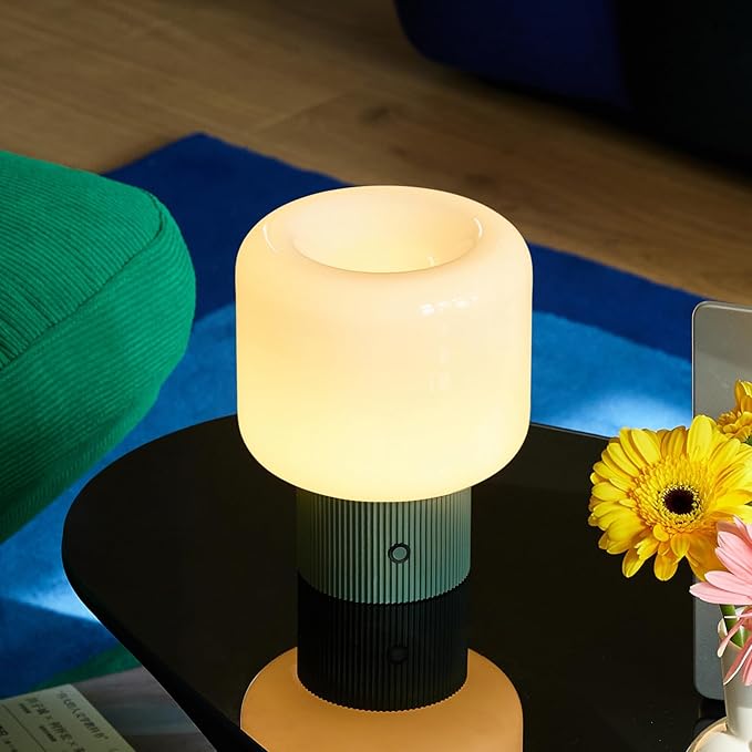 Halo Mushroom Lamp, 5W Cute Cordless Rechargeable Table Lamp with Glass Shade, 3 Color Temps LED Dimmable Ambient Lighting, Small Retro Touch Bedside Light for Bedroom Decor, Vintage Green