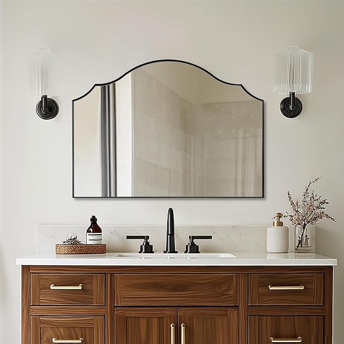 ANDY STAR Scalloped Arched Mirror, 36x26 Inch Black Mantle Mirror with Stainless Steel Metal Frame, Modern Wall Mirrors for Bathroom, Bedroom, Fireplace, Living Room, Entryway Hangs Vertically