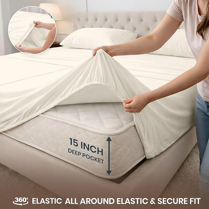 SGI Split King Sheet Set for Adjustable Bed Egyptian Premium Cotton 600 Thread Count Sheets for Sleep Number Bed 15" Deep Pocket 5 Pc Set with 2 Twin XL Fitted Sheets Soft Breathable -Ivory