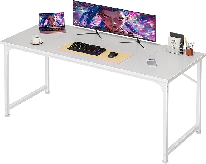 PRAISUN 55 Inch Computer Desk, Home Office Desk with Spacious Desktop, Modern Gaming Desk, Writing Study Table for Bedroom, Small Spaces, Work from Home Desk with Metal Frame, White