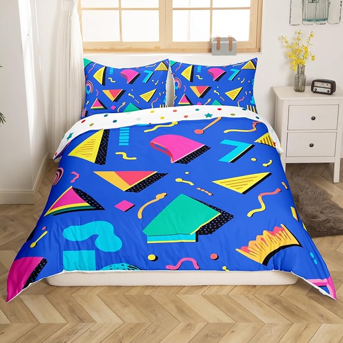 80s Bedding Set Memphis Pattern Old Fashion Comforter Cover,Vintage 90s Memphis Style Duvet Cover Abstract Geometric Pattern Retro Bed Set Full,Rainbow Urban Modern Circles Triangle Room Decor