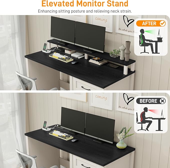 Vabches 47" Farmhouse Executive Desk with Monitor Stand and LED Lights,4 Drawers Computer Desk with Power Outlets,Large Workspace for Work Study Writing, (Black)