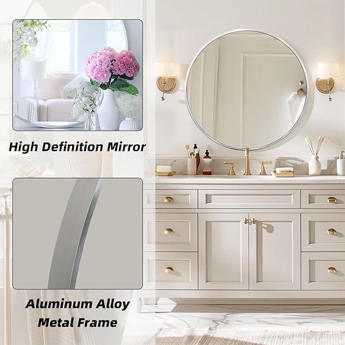 Silver Round Mirror, 28 Inch Silver Circle Mirror, Metal Frame Round Wall Mounted Mirrors for Bathroom, Living Room, Bedroom, Entryway, Vanity, Chrome, Nickel
