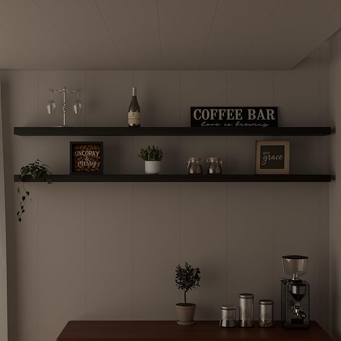 IEO Long Wooden Floating Shelves for Room Wall, Natural Wood Floating Shelves Wall Mounted Kitchen Shelf for Living Room, Bedroom, Kitchen,Bathroom, Storage (Black, 72in 2tier)
